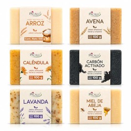 PACALLI Jabones Artesanales 6 Pack; Arroz, Avena, Caléndula, Carbón Activado, Lavanda y Miel. Ingredientes de origen natural, hechos a mano.