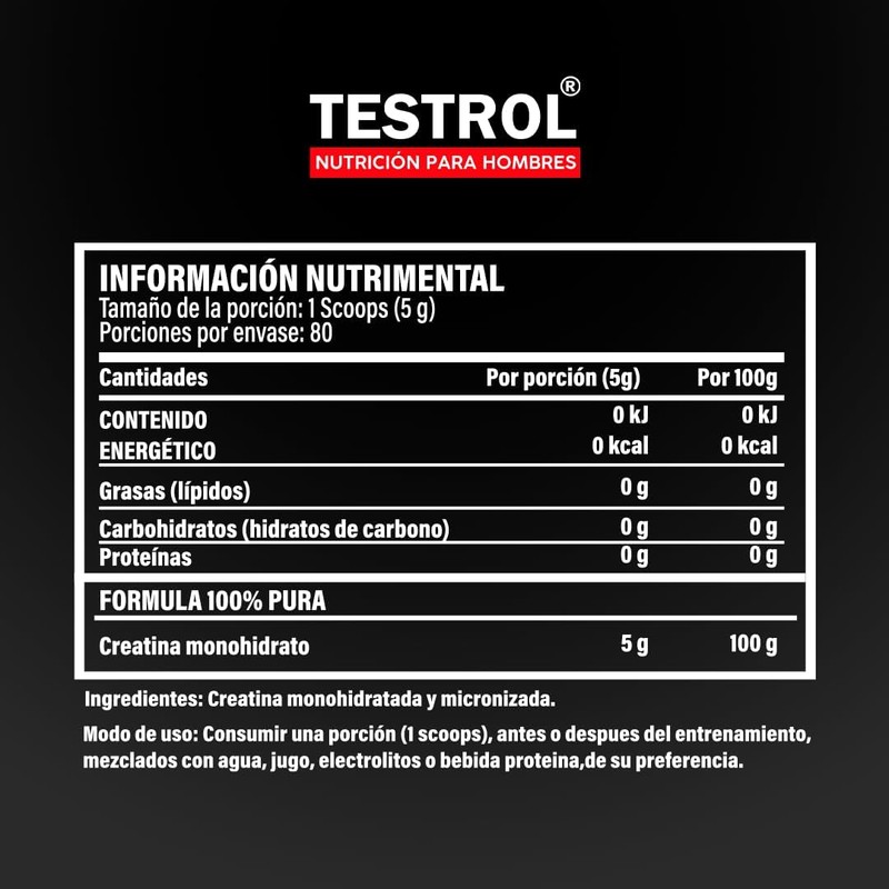 Testrol Creatina Essential en Polvo Creatina Monohidratada Apoyo a Potencia,