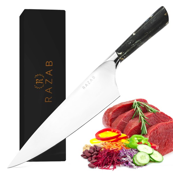 Razab - Cuchillo de chef japonés - Cuchillo de cocina profesional de 8 pulgadas, cuchillo de chef ultra afilado de acero inoxidable de alto carbono, para cortar, cortar, cortar en cubitos