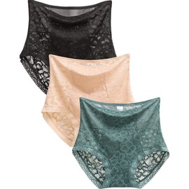 BLKDOTS Women's High Waisted Hipster Lace Shapewear Briefs, Full Coverage Underwear for Ladies, Lace Girdle Panties No Show, Pack of 3