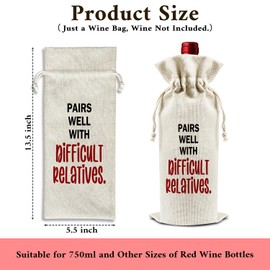 Pairs Well With Difficult Relatives - Gifts for Relatives Wine Bags, 1 PC Reusable Drawstring Burlap Wine Bottle Bags, Inspirational Gifts for Family Friends, Wine Gift Bag Wine Accessories -35