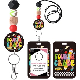 Obookey Teacher Lanyards for ID Badges - Teacher Lanyard with ID Holder, Fourth Grade Cute Pencil Silicone Beaded Breakaway Keychain Accessories, Back to School Appreciation Gifts for Women Men