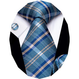 YourTies Mens Skinny Ties Jacquard Silk Tie Pocket Square Cufflinks Set Stripe Plaids Slim Tie Business Necktie Wedding, Blue Striped, Medium