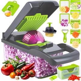 Vegetable Chopper with Container – 16-in-1 Food Dicer and Multi-Blade Cutter for Vegetables, Fruits, Cheese by Purest Peak