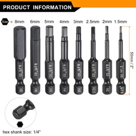 HARFINGTON 8pcs Hex Head Wrench Drill Bit 1.5/2/2.5/3/4/5/6/8mm Metric 1/4" Hex Shank 2"(50mm) Length S3 Steel Magnetic Drivers Screwdriver Bit Industrial Grade Hexagon Electric Drill Bits