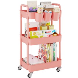 UDEAR 3-Tier Rolling Utility Cart,Multifunctional Storage Shelves with Handle and Lockable Wheels for Room,Office,Kitchen,Bathroom,with 3 Hanging Cups,Pink