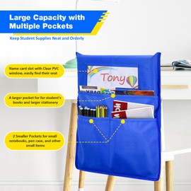 EAONE Chair Pockets for Classrooms Set of 24, Large Capacity Seat Pockets Organizer 17” x 19”, Back of Chair Storage Bag with DIY Name Tags for Student School Classroom Supplies, Blue