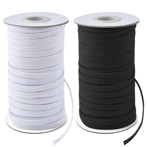 Coopay 80 Yards Length 1/4" Width Elastic Cord Elastic Bands Elastic Rope Heavy Stretch Elastic Spool Knit for Sewing, 2 Rolls, 40 Yards/Roll (Black and White, 1/4 Inch)