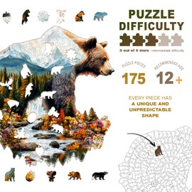 Wooden Puzzles for Adults - Bear and Nature Wooden Jigsaw Puzzle for Adults - Unique Animal Shaped Wood Puzzles Adult - Creative Birthday Gift Family Game