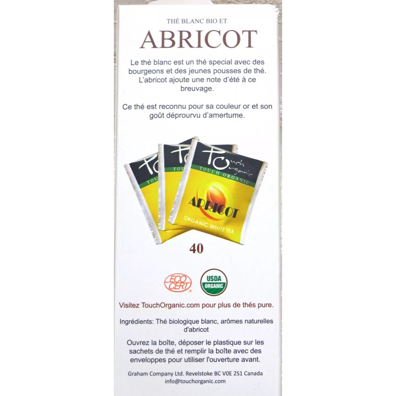 Touch Organic APRICOT WHITE Tea Bags, 40 Bags, 2.5 oz