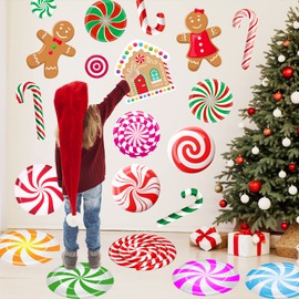 Christmas Wall Stickers Decor Christmas Floor Decals Peppermint Candy Cane Gingerbread Man Stickers for Christmas Decorations Inside 59 PCS Xmas Candy Stickers for Candy Land Decorations 8 Sheets