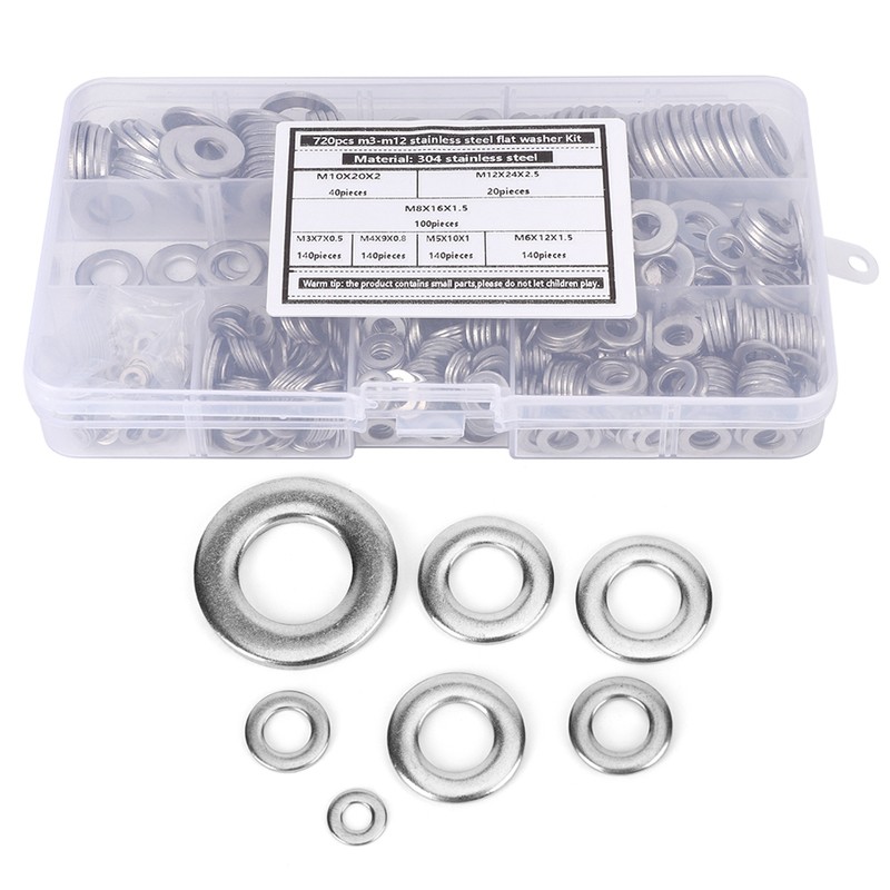 720Pcs Flat Washer Kit 304 Stainless Steel Silver Spring Gasket