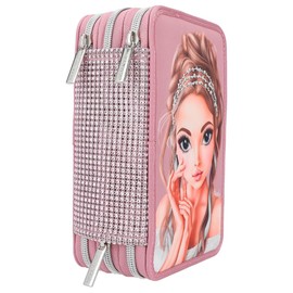 Depesche 12522 TOPModel Glitter Queen - Filled 3-Compartment Pencil Case with Rhinestones on the Front and Decorated Back, Pencil Case with Coloured Pencils, Ruler, Scissors and much more