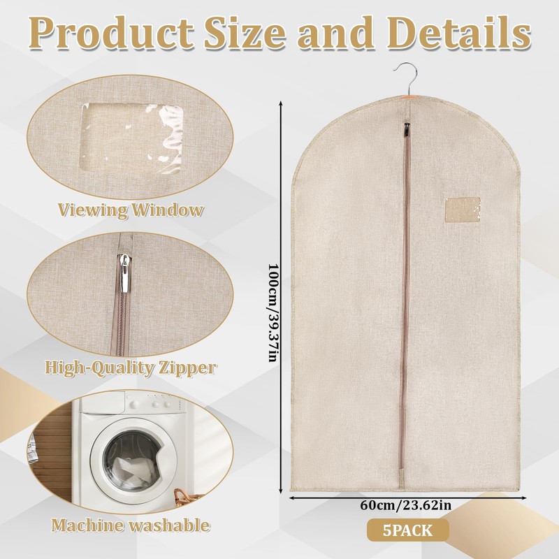 5 Packs Cotton Garment Bag for Hanging Clothes, 40" Breathable