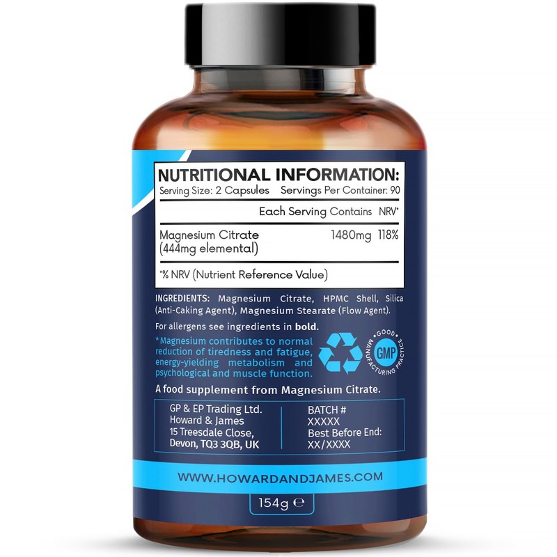 Magnesium Citrate 1480mg - 180 Vegan Capsules not Tablets -