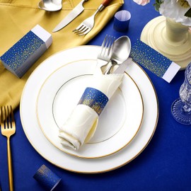 300 Pcs Blue Gold Paper Napkin Bands Paper Napkin Rings Self Adhesive Glitter Round Dots Silverware Wraps Bands Table Setting Wedding Event Party Supply