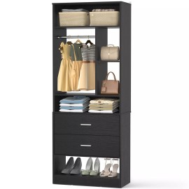 Homieasy 24" Wooden Closet System with 2 Wood Drawers & 6 Storage Shelves & 1 Hanging Rod - Black
