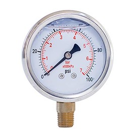Pressure Gauge,Liquid Filled,2" face Dia,0-100 psi/bar/kpa,1/4" NPT Lower Mount, Polycarbonate Lens Window, Stainless Steel case
