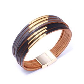 Retro Leather Wrap Bracelets for Women Metal Pipe Cuff Bracelets Boho Bangle Bracelet Multilayer Wide Bracelet Leather Bracelets with Clasp(balck grey)