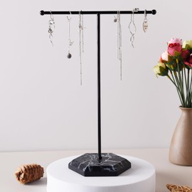 Luxiremi Jewellery Organiser Stand, T-Bar Necklace Display Stand Earrings Holder Metal Hanging Pendant Rack with Marble Pattern Tray, Jewelry Display Stand for Bracelets Rings Watches Keys (Gold)