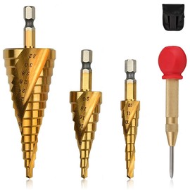 Keello Step Drill, Spiral Drill, Set of 4, with Automatic Center Punch, Titanium Coating, Hexagonal Shaft, HSS Steel, Drill, Helical Drill, Storage Pouch Included, Woodworking, Metal Drill, 0.16 - 1.3 inches (4 - 32 mm), 0.6 - 0.8 inches (15 mm), 0.16 - 