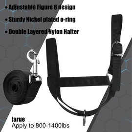 Windyun 2 Pieces Nylon Cow Halter with 2 Pieces Leading Rope Adjustable Foal Halter Horse Halter Calf Harness for Donkey Cattle Goat Training (Black)