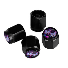Muishi Beautiful Purple Butterflies Tire Valve Stem Caps, Aluminum Black Stem Tire Valve Caps Universal Stem Covers for Cars, SUVs, Trucks, Bikes, Motorcycles, Bicycles (4 Pack)