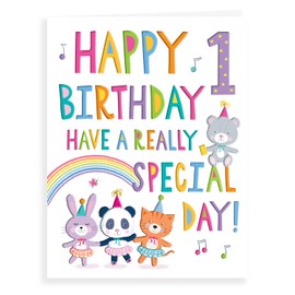 Regal Cards Girl Age 1 Birthday Card - Bear Panda Rabbit Tiger Rainbow, grey|gold|pink|green