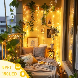 JMEXSUSS 150 LED Warm White String Lights Indoor Outdoor Waterproof, Connectable 59 Ft Plug in String Lights, 8 Modes Warm White Christmas Lights for Bedroom, Patio, Party, Holiday Decorations