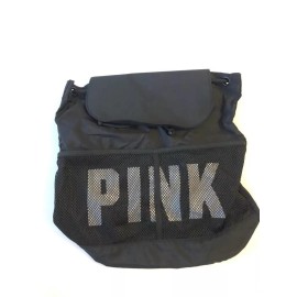 Victoria's Secret Pink Drawstring Backpack Mesh String Bag Black NWT