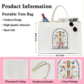 There Was Jesus Large Beach Bag For Women, Floral Tote Bag Aesthetic Tote Bag Canvas Reusable Grocery Beach Bag for Friends Wife Travel Essentials Christian Gifts for Christmas Thanksgiving Day -06