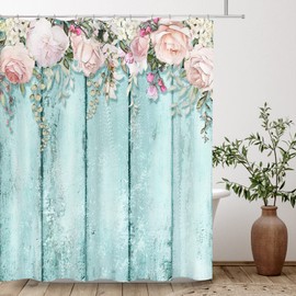 Tititex Pink Flowers Shower Curtain Sets, Blossoming Floral Roses on Rutic Teal Blue Wood Bathroom Decorative 70 X 78 Inch Polyester Waterproof Fabric Bathroom Curtain with Hooks