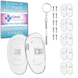 GMS Optical D Shape Screw-in Soft Silicone Eyeglass Nose Pads - Eyeglass Repair Kit with Screws and Screw Driver, Anti-Slip Nose Pads for Glasses, (5 Pair) (Medium 15mm)