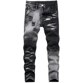 Lanscadran Boy's Ripped Distressed Skinny Fit Contrast Color Hip Hop Casual Stylish Streetwear Kids Washed Denim Jeans Pants,Black&Gray 128-8,14