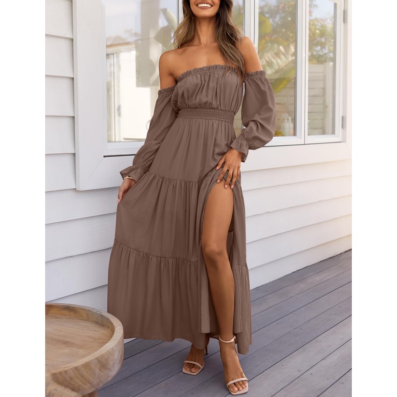 ZESICA Women's 2025 Boho Sexy Off Shoulder Long Sleeve Smocked