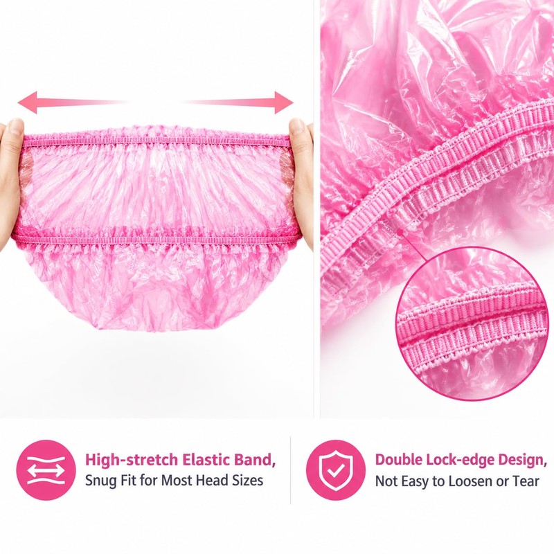 50Pcs Disposable Shower Caps, Waterproof Plastic Bath Hair Caps (Pink)