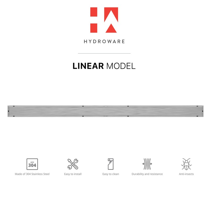 Hydroware Linear Shower Drain with Tile Insert Grate, Stainless Steel