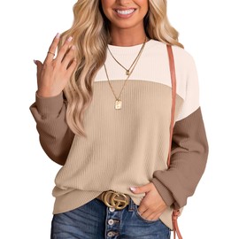 WIHOLL Fall Clothes For Women 2024 Round Neck Long Sleeve Shirts For Women Fashion Waffle Knit Tops Color Block Khaki L