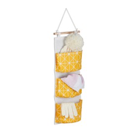 Relaxdays Hanging Organiser, 3 Compartments, Cotton, H x W: 74 x 20 cm, Hanging Bag for Bathroom, Hallway, Office, Hanging Storage, Cream/Yellow