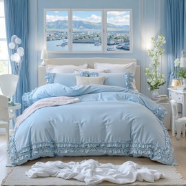 Merryword Light Blue Ruffle Duvet Cover Queen, 100% Cotton Comforter Cover Ultra Soft Breathable Bedding Coquette French Country Bedding Set