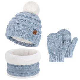 Toddler Kids Winter Warm Knit Beanie Hat Neck Warmer Scarf Gloves Set with Pompom Gifts for 0 1 2 3 4 Years Old Girls Boys
