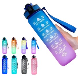 Water Bottle with Straw – Leakproof & BPA-Free | Time Marker for Daily Motivation | Ideal for Gym, Office, Cycling, School, Outdoor Fitness 1Liter (32oz) (Blue-Purple)