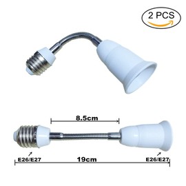 DZYDZR Pack of 2 E27/E26 Extension LED Lamp Socket, Flexible Gooseneck E27 to E27 Extender Base Adapter, 19 cm, White