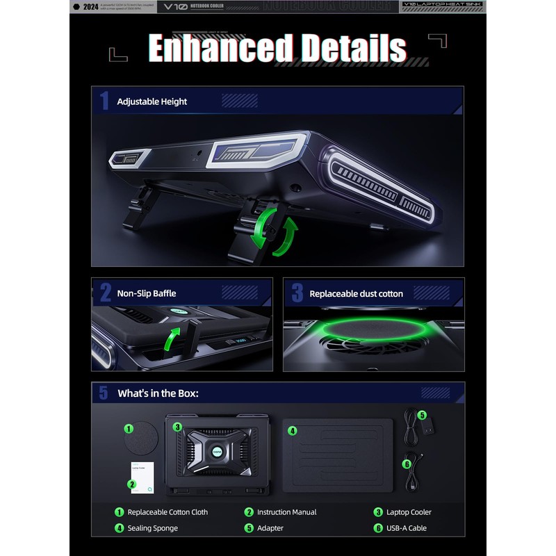 llano Laptop Cooler, Gaming Laptop Cooling Pad with 3500RPM Turbofan,