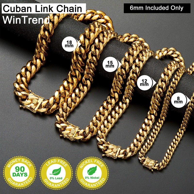 WinTrend Gold Cuban Link Chain Necklace or Bracelet with Design