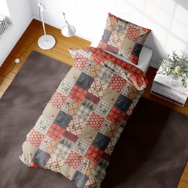 K Collection Winter Patchwork Duvet Cover - Christmas Patchwork Design - Reversible Bedding Set - 100% Cotton - Single Duvet Cover