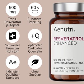 Resveratrol Plus High Dose | 500 mg Premium Trans Resveratrol from Switzerland per Capsule | Optimised Formula with Quercetin | Laboratory Tested Quality from Germany | 60 Capsules