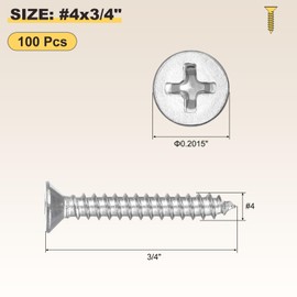 METALLIXITY Countersunk Phillips Wood Screw (#4x3/4) 100Pcs, 304 Stainless Steel Coarse Thread Phillips Drive Flat Head Wood Screws - for Furniture Installation Repair, Silver