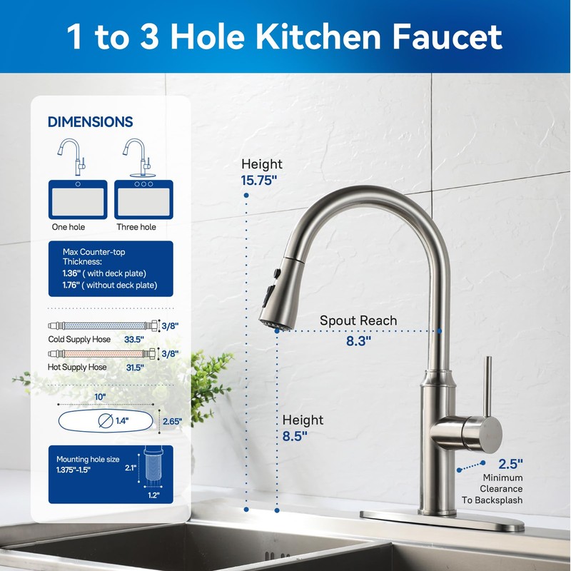 Arofa Kitchen Faucet with Pull Down Sprayer, Brushed Nickel Kitchen