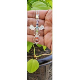 Shimmering keepsake from my USA art studio LARGE CADUCEUS CHAKRA REIKI CRYSTAL WING 20" charm 925 Sterling silver necklace
